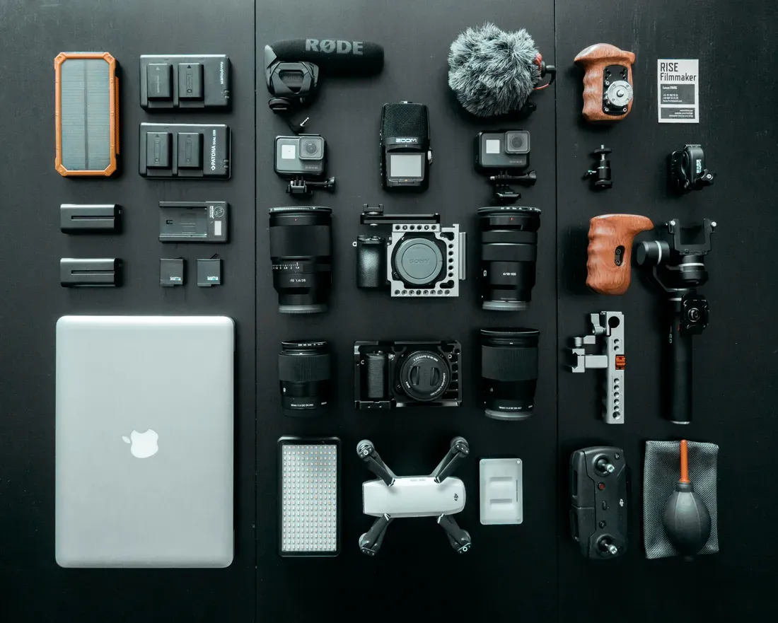 A full camera package laid out for the build