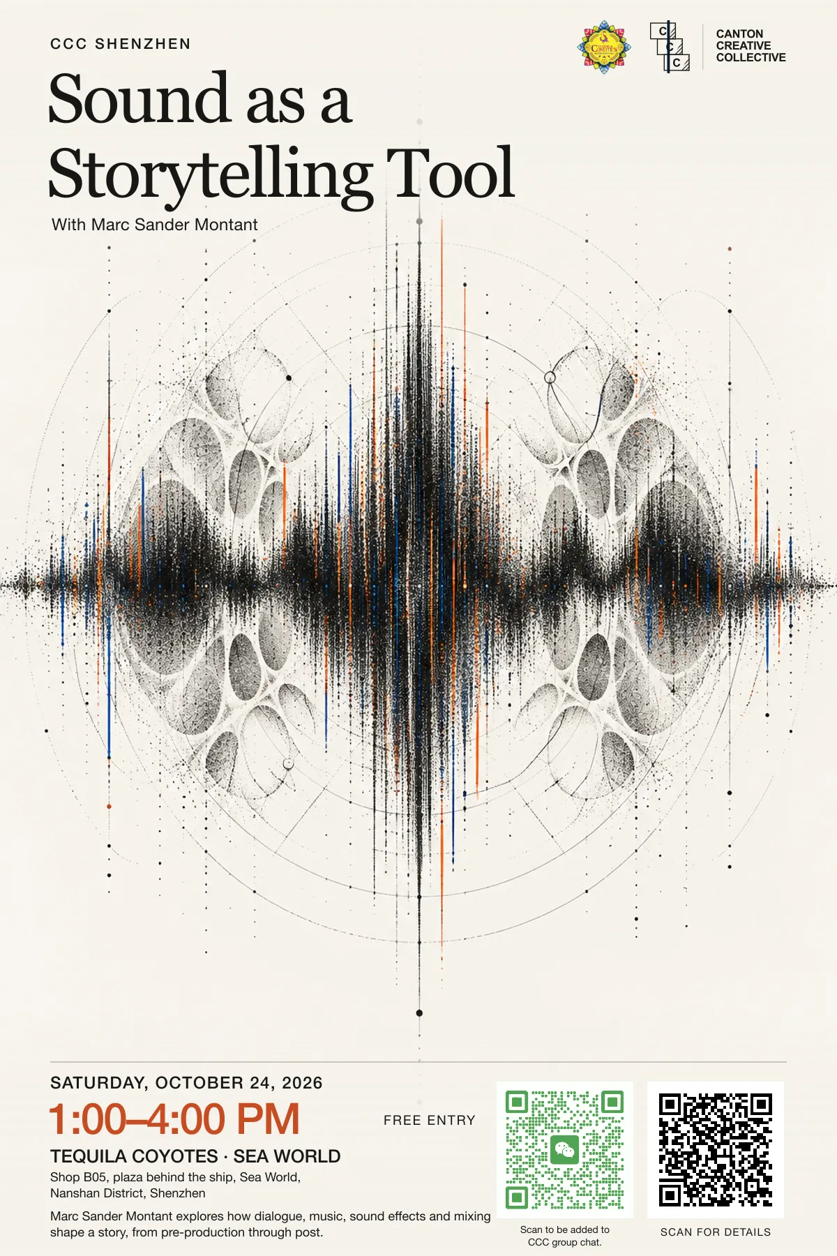 Abstract event poster with cream cymatic artwork for Sound as a Storytelling Tool, October 24, 1 to 4 PM