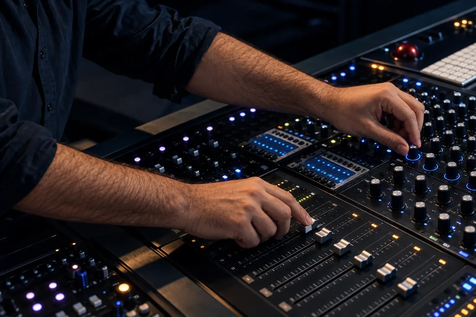 Studio illustration of hands adjusting a mixing-console knob and fader