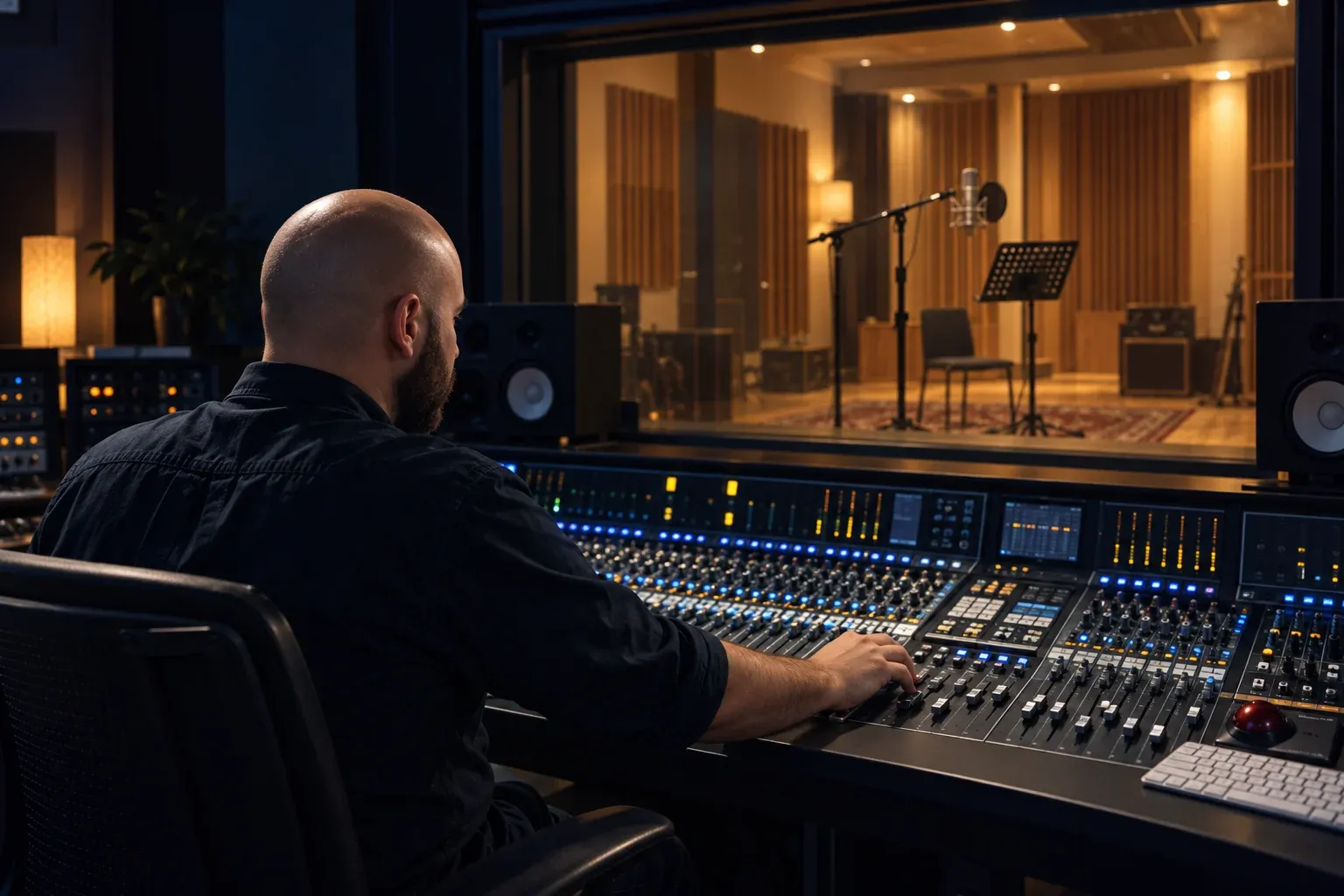 Studio illustration of Marc facing the recording-room window from the control desk