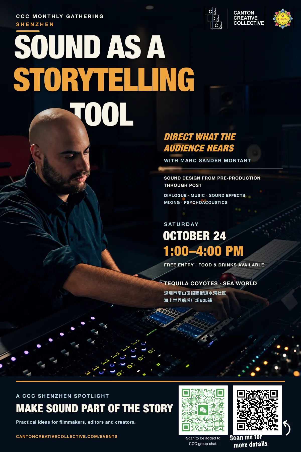 Sound as a Storytelling Tool event poster: Marc Sander Montant, October 24, 2026, 1 to 4 PM at TEQUILA COYOTES, Sea World, Shenzhen