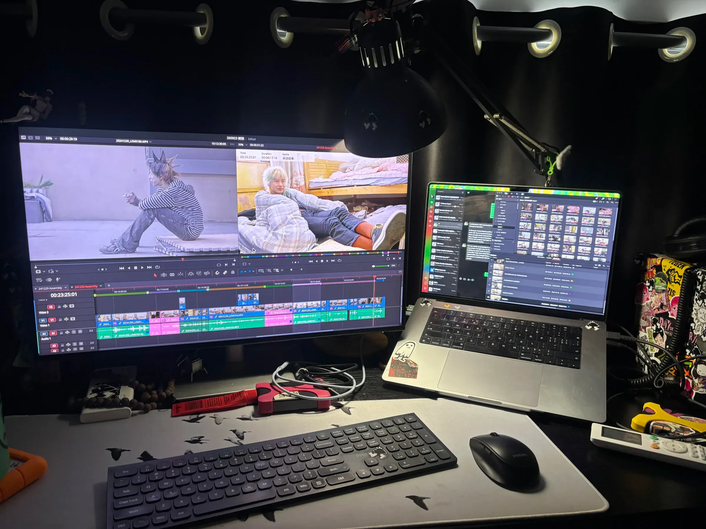 Lemphek’s documentary editing workstation showing interview footage and a complex multitrack timeline