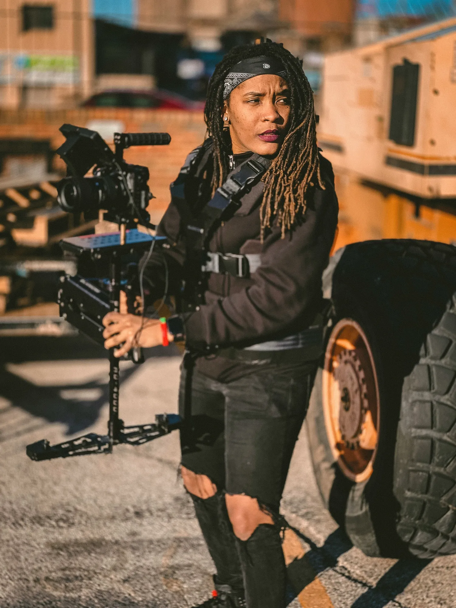 Camera operator checking a broadcast monitor